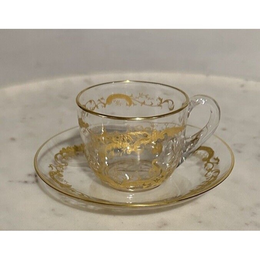 Antique Saint Louis Micado 24k Gold Encrusted French Crystal Cup & Saucer
